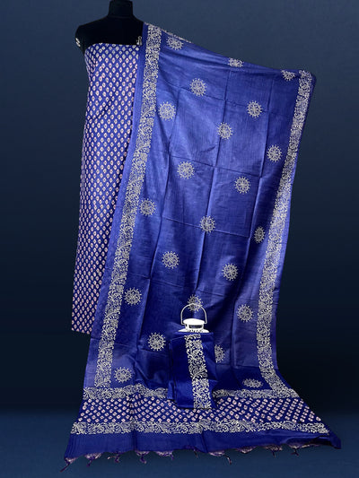Katan Silk Alluring Blockprint Blue Suit