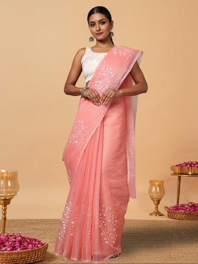 Playful Kota Doria Cotton Bel Embroidery Pink Saree Handdyed