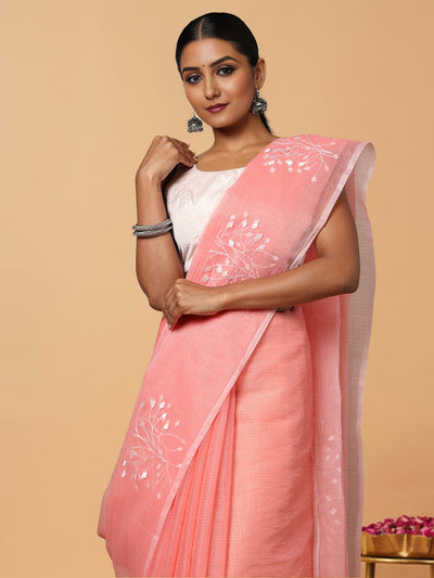 Playful Kota Doria Cotton Bel Embroidery Pink Saree Handdyed