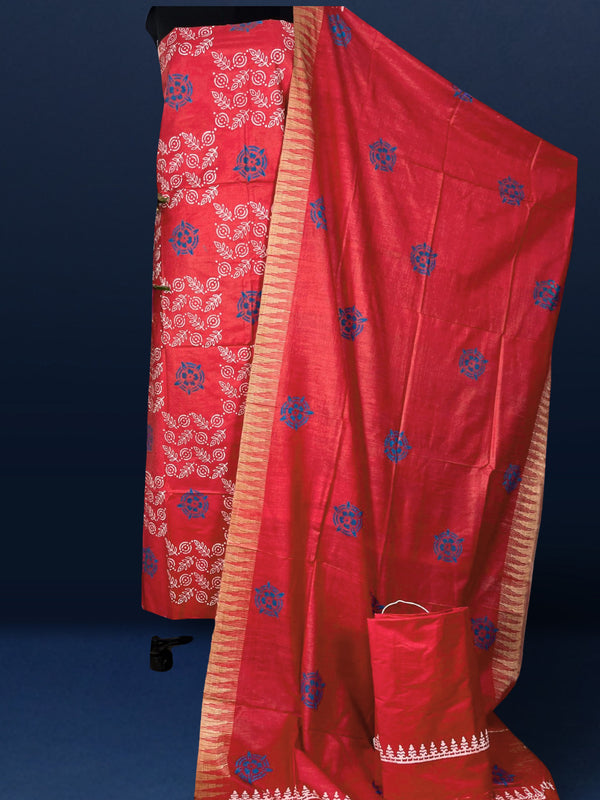 Katan Silk Splendid Blockprint Red Green Suit