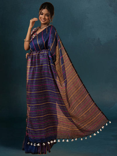 Thoughtful Pure Linen Kantha Work Saree Resolution Blue