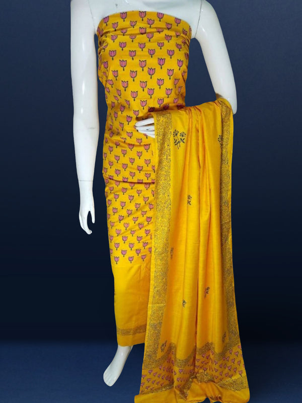 Katan Silk Gracious Blockprint Yellow Suit (T+B+D)