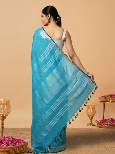 Serene Slub Linen Hand Dyed Blue Saree