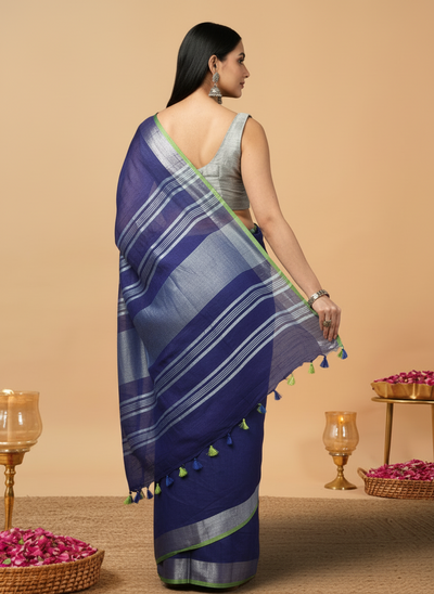 Slub Linen Hand Dyed Blue Saree with Contrast Blouse-Indiehaat