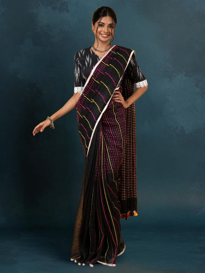 Shining Pure Linen Kantha Work Saree Black