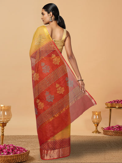 Craft Couture Blockprinted Kota Doria Mustard Yellow & Red Saree
