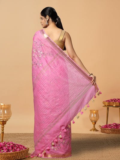 Poetic Silk Linen Embroidered Pink Saree