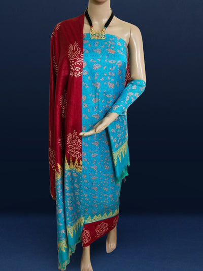 Katan Silk Vibrant Blockprint Sky Blue Suit