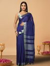 Slub Linen Hand Dyed Blue Saree with Contrast Blouse-Indiehaat