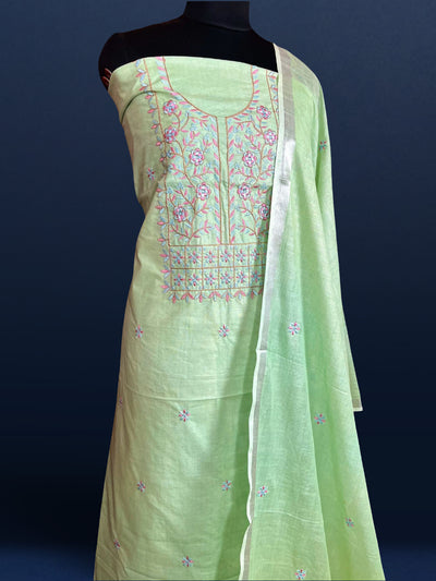 Gulmohar Slub Linen Pista Green Unstitched Suit