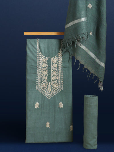 Gulmohar Slub Linen Dark Green Unstitched Suit