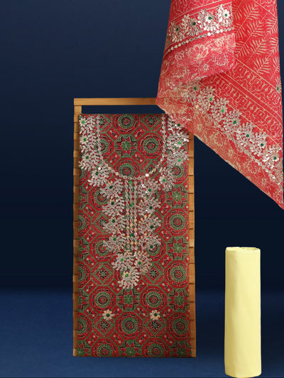 Glimmering Red & Yellow Kota Doria Gota Patti Suit