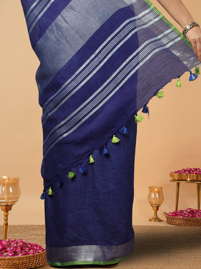 Slub Linen Hand Dyed Blue Saree with Contrast Blouse-Indiehaat