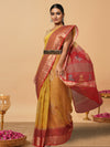 Craft Couture Blockprinted Kota Doria Mustard Yellow & Red Saree