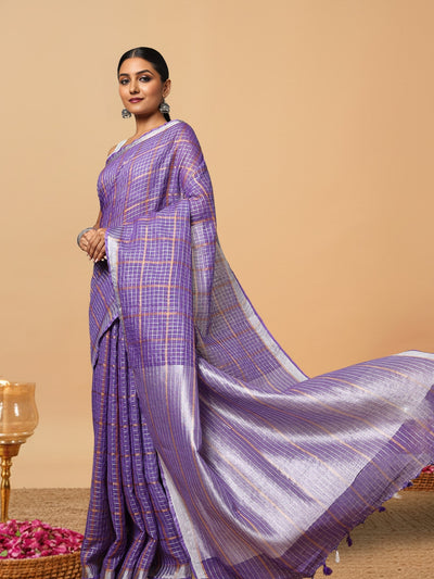 Pure Linen Check Design Handloom Purple Saree