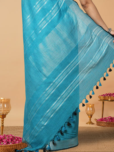Serene Slub Linen Hand Dyed Blue Saree