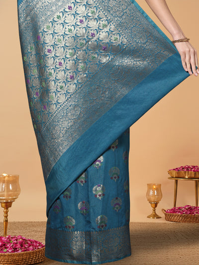 Silkmark Certified Tussar Moonga Banarasi Silk Saree Blue Color with running blouse-Indiehaat