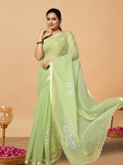 Vibrant Kota Doria Cotton Bel Embroidery Green Saree Handdyed