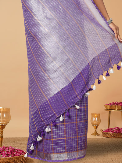 Pure Linen Check Design Handloom Purple Saree