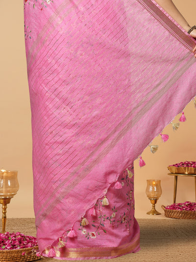Poetic Silk Linen Embroidered Pink Saree