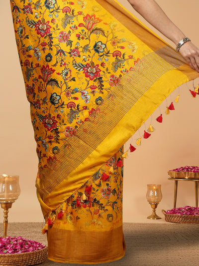 Silkmark Muga Tussar Silk Printed Yellow Saree