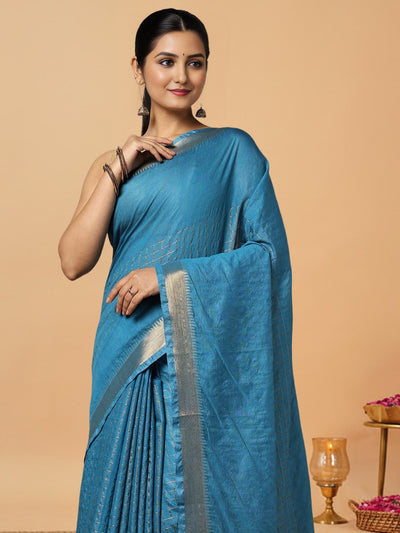 Handcrafted Kota Silk Turquoise Blue Plain Saree