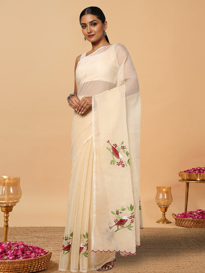 Plum Kota Doria Cotton Bird Embroidery Yellow Saree Handdyed