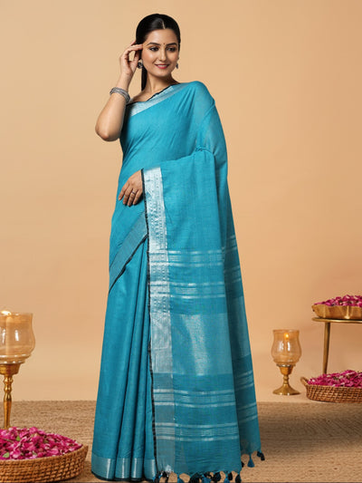 Serene Slub Linen Hand Dyed Blue Saree