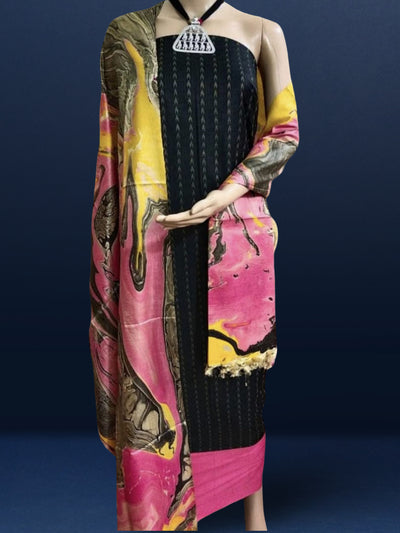 Abstract Katan Silk Marble Print Black & Pink Suit