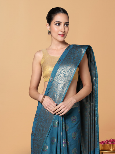 Silkmark Certified Tussar Moonga Banarasi Silk Saree Blue Color with running blouse-Indiehaat