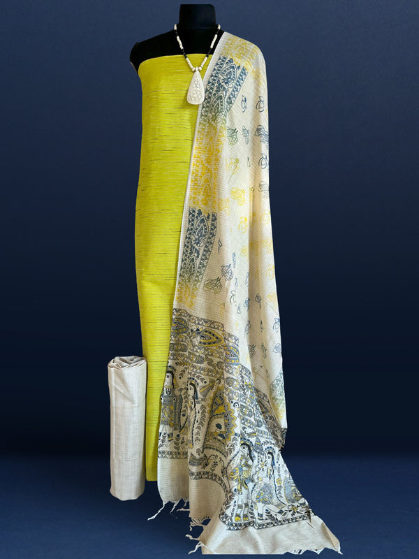 Splendid Katan Silk Yellow Madhubani Suit