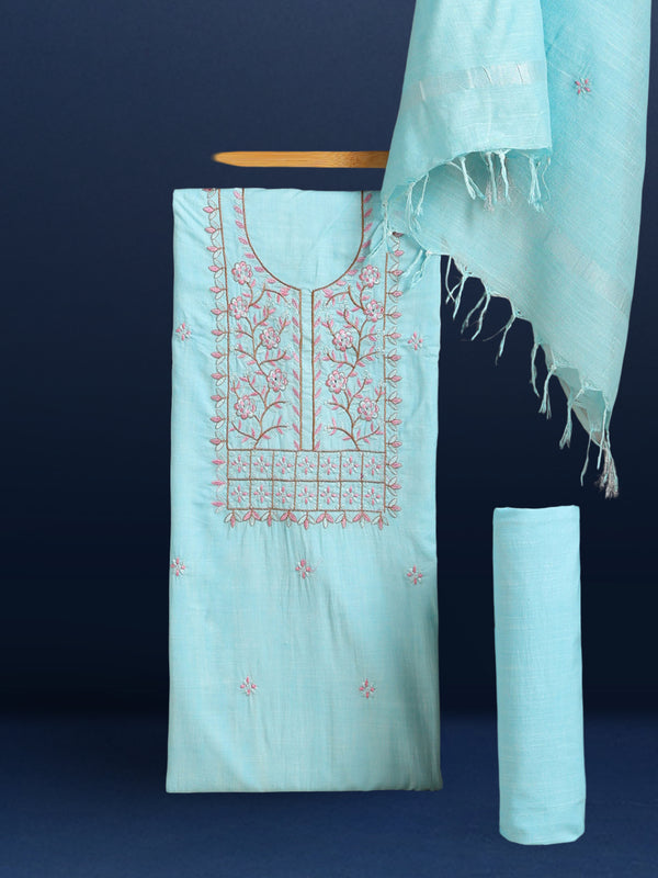 Gulmohar Slub Linen Aqua Blue Unstitched Suit