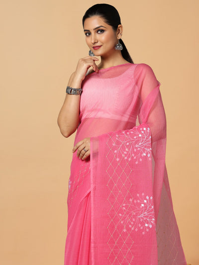 Lively Kota Doria Cotton Bel Embroidery Pink Saree Handdyed