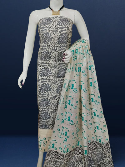 Katan Silk Sparkling Blockprint Gray Suit (T+B+D)