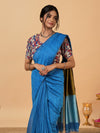 Volant Silk Linen Handdyed Blue Contrast Pallu Saree
