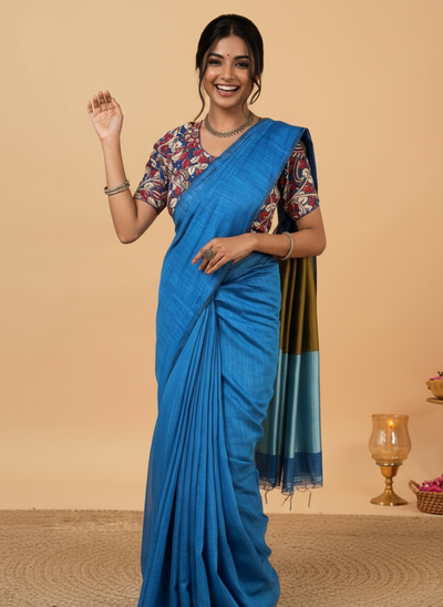 Volant Silk Linen Handdyed Blue Contrast Pallu Saree