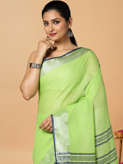 Illuminating Handwoven Pure Linen Green Saree
