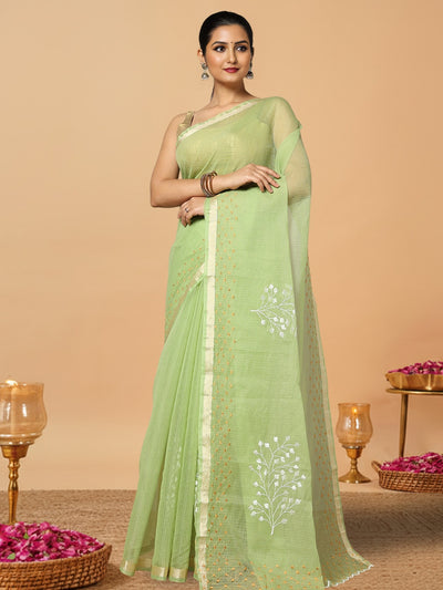 Vibrant Kota Doria Cotton Bel Embroidery Green Saree Handdyed