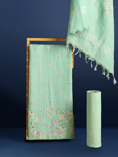 Gulmohar Pure Linen Green Embroidered Suit Piece