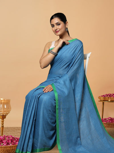 Tranquil Slub Linen Hand Dyed Blue Saree