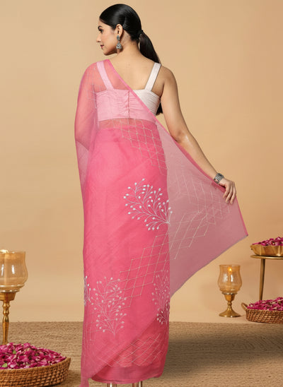 Lively Kota Doria Cotton Bel Embroidery Pink Saree Handdyed