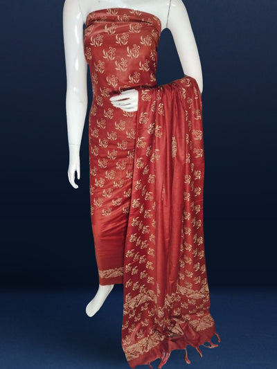 Katan Silk Blushing Blockprint Red Suit (T+B+D)