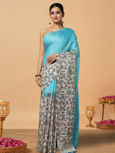 Half Dye Half Print Kota Silk Saree Summer Sky Blue