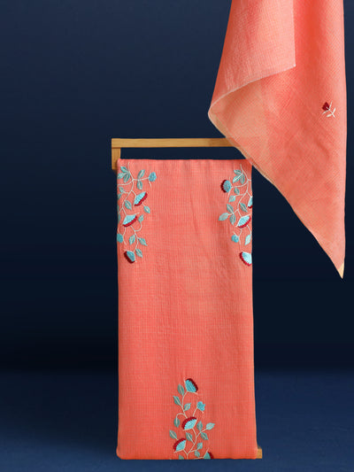 Embroidered Pastoral Kota Doria Orange Suit (Top+Dupatta)
