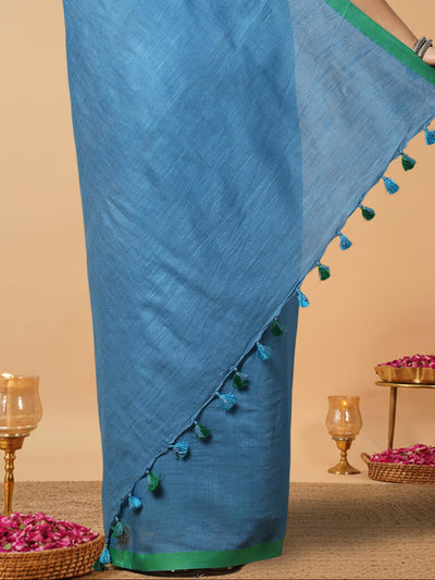 Tranquil Slub Linen Hand Dyed Blue Saree