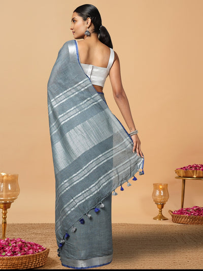 Smoky Slub Linen Hand Dyed Gray & Blue Saree