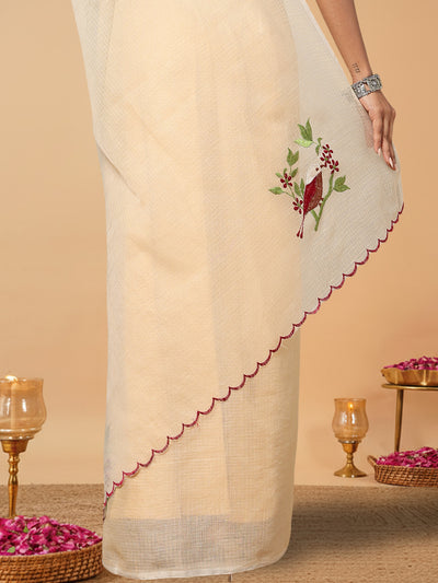 Plum Kota Doria Cotton Bird Embroidery Yellow Saree Handdyed