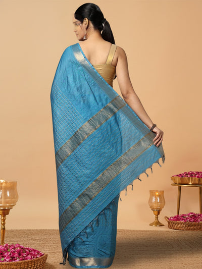 Handcrafted Kota Silk Turquoise Blue Plain Saree