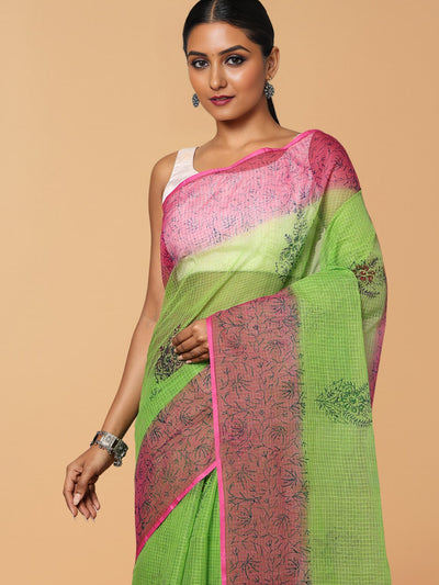 Vibrant Kota Doria Blockprinted Green & Pink Saree