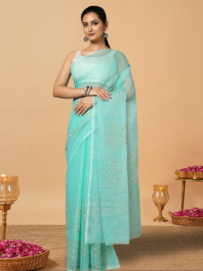 Kota Doria Cotton Bel Embroidery Saree Sea Green Handdyed